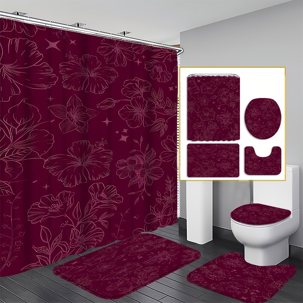 Bamboo Bath Mat - 1 Or 4pcs Burgundy Floral Bathroom