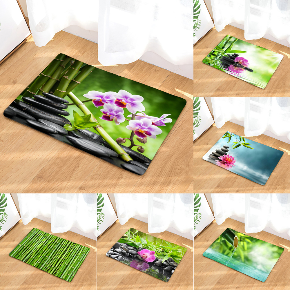Bamboo Bath Mat - Bathroom Non-slip Mat Plant Flower Bamboo