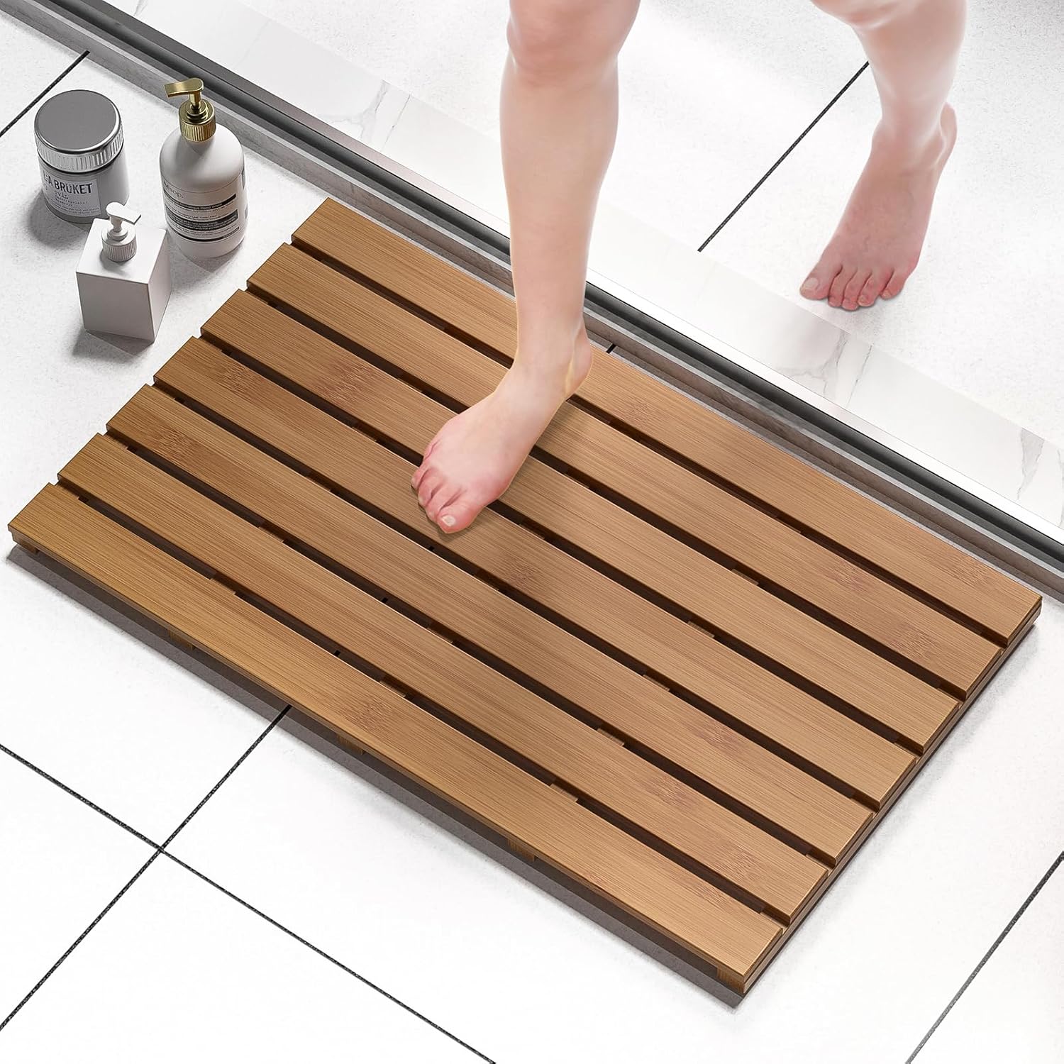 Bamboo Bath Mat - Non-Slip Waterproof Wooden Bamboo Bath Shower
